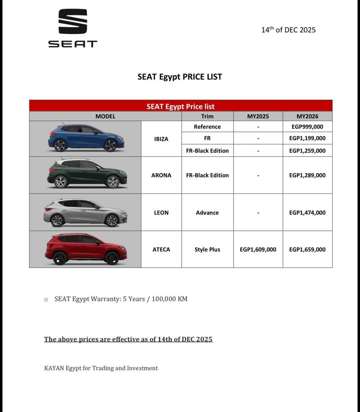 قائمة اسعا سيارات سيات