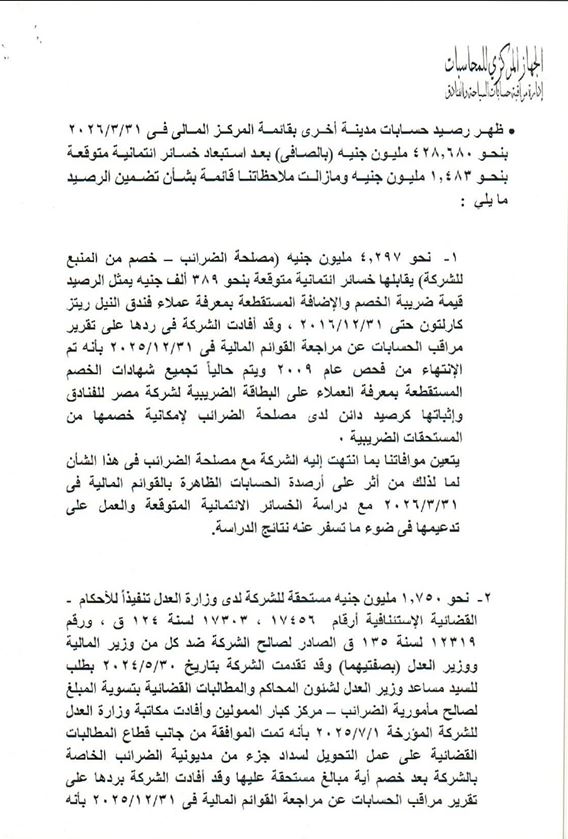 تفاصيل ملاحظات الجهاز المركزي على مصر للفنادق