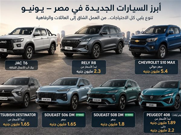 تعرف على أبرز السيارات الجديدة في السوق المصري خلال يونيو 2026 وأسعارها ومواصفاتها