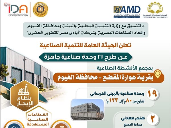 هيئة التنمية الصناعية تطرح 21 وحدة صناعية جاهزة للإيجار بالفيوم