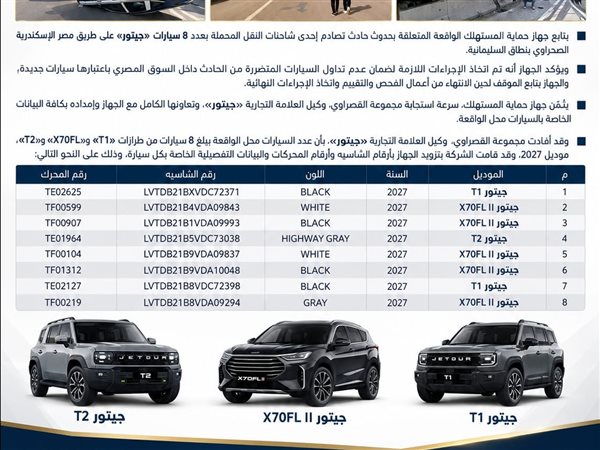 حماية المستهلك يتحرك لمنع تداول 8 سيارات جيتور متضررة باعتبارها جديدة